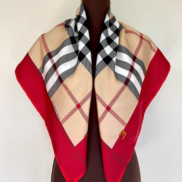 NWT Burberry Scarf Logo Iconic Beige Check Red Border Silk Wrap - Picture 4 of 15